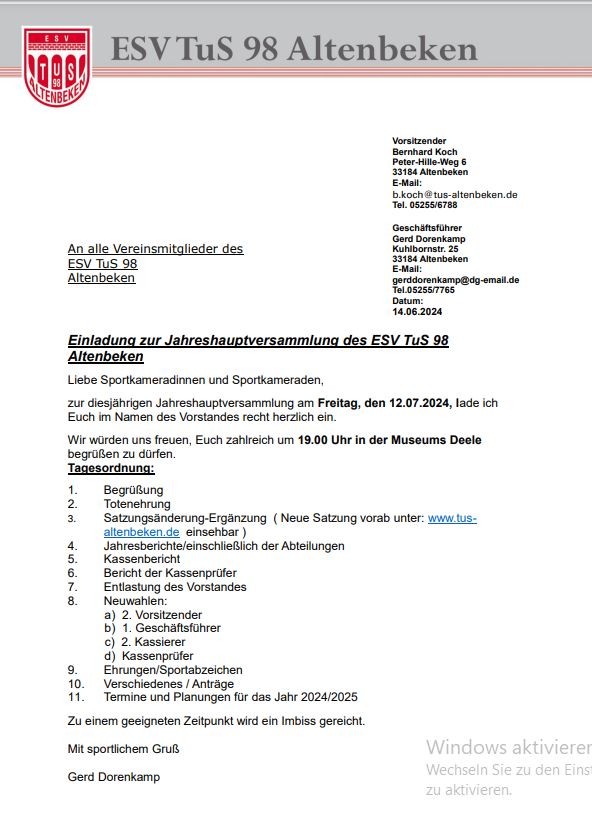 Einladung zur Jahreshauptversammlung des ESV TuS 98 Altenbeken